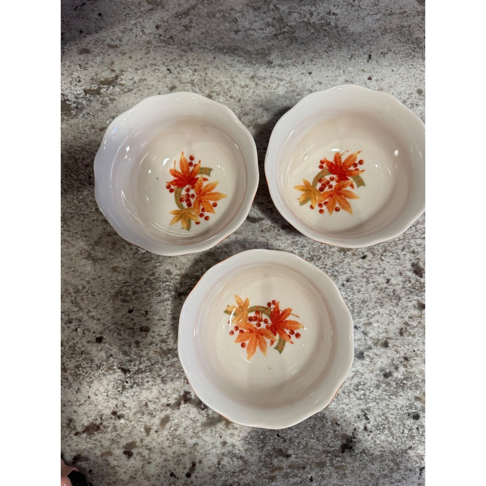 222 Fifth Autumn Celebration Fine China Bowls Set of 3 Fall Leaves Scalloped Rim